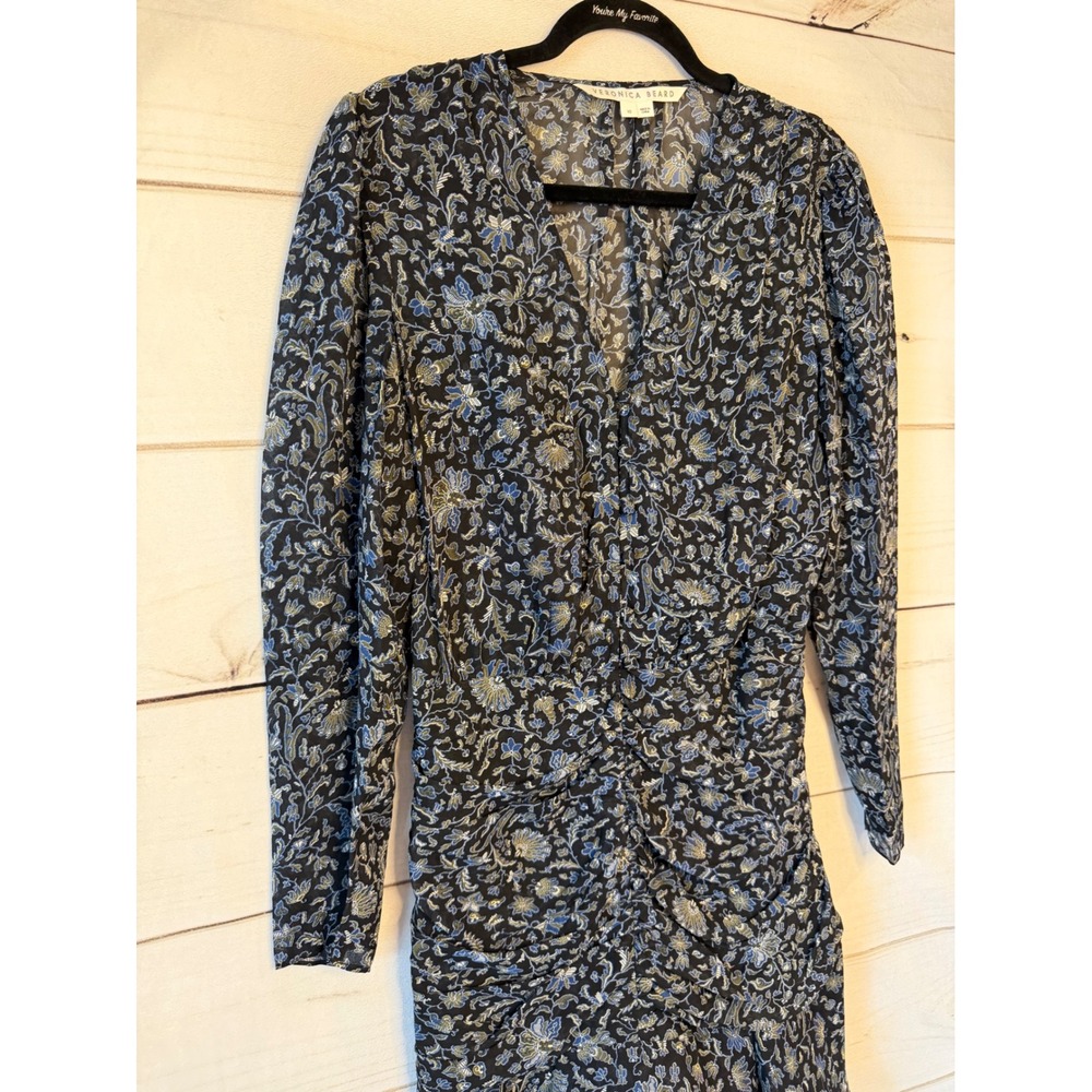 Veronica Beard Blue Floral Paisley Silk Ruched Mini Dress Size 10 2109GGT0620088 - Picture 2 of 7